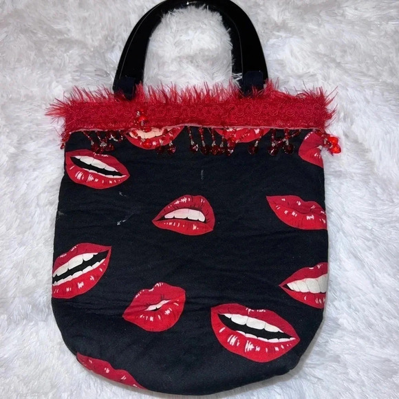 Lips Kissy Face Mouth Y2K Mini Tote/Purse 90s Fringe Rhinestone & Feather Detail - Picture 1 of 5